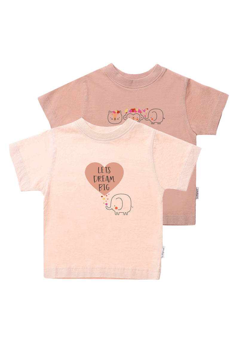 Doppelpack Bio Baumwoll T-shirt in apricot und rose mit Print "lets dream big" und Tierchen
