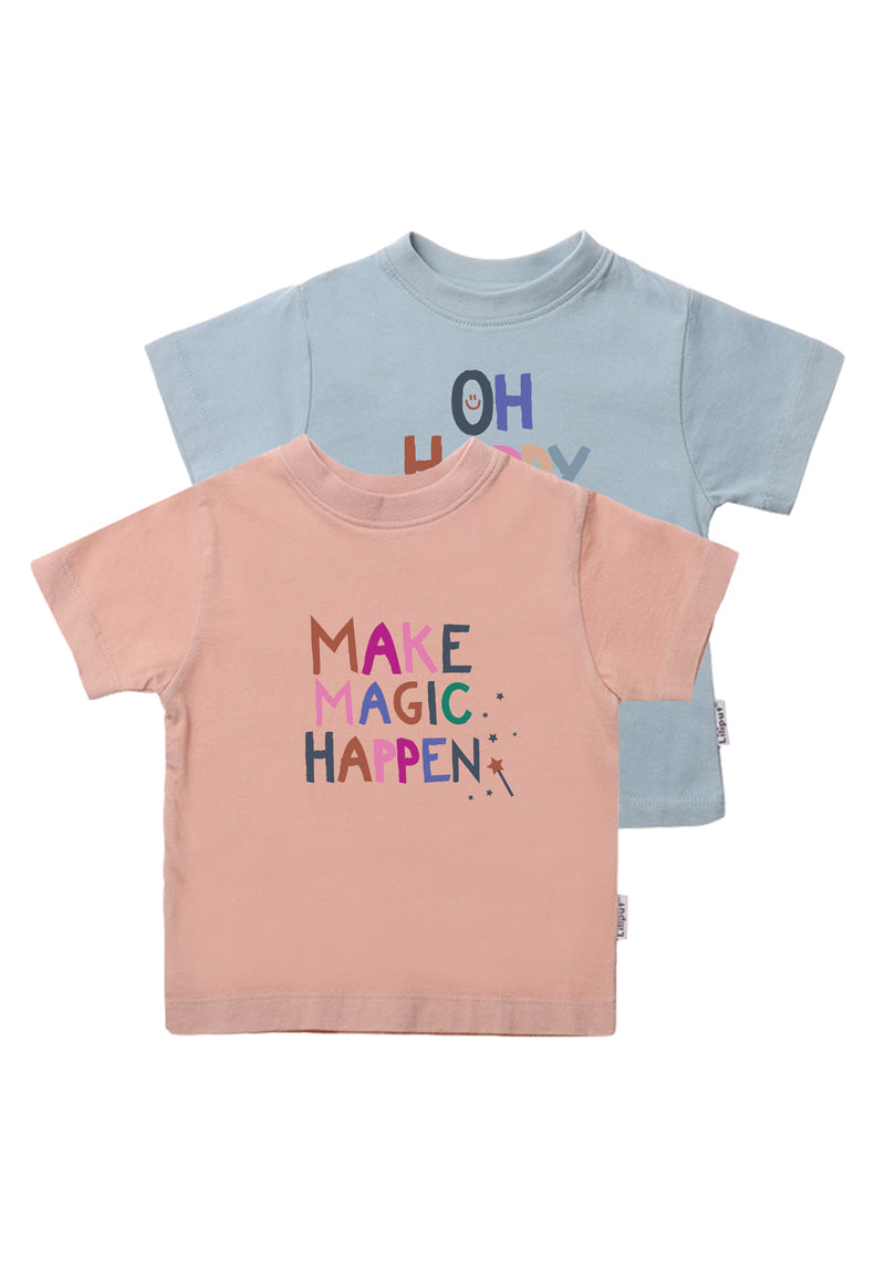 Doppelpack Bio Baumwoll Shirts in rose und hellblau mit Aufdrucken "oh happy day" und "make magic happen"