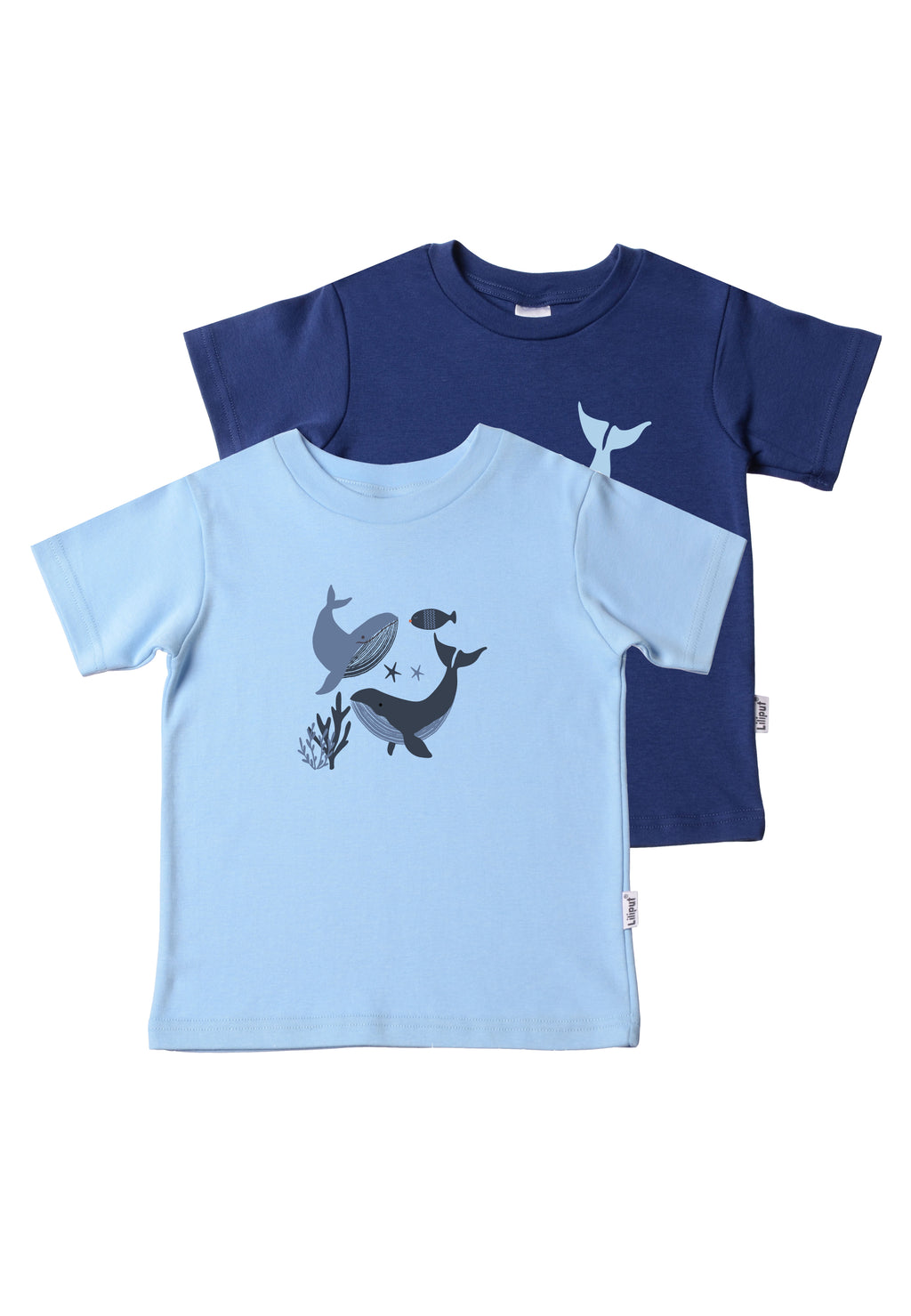 Doppelpack Kinder T-Shirts aus Bio Baumwolle in hellblau und dunkelblau mit Wal Prints