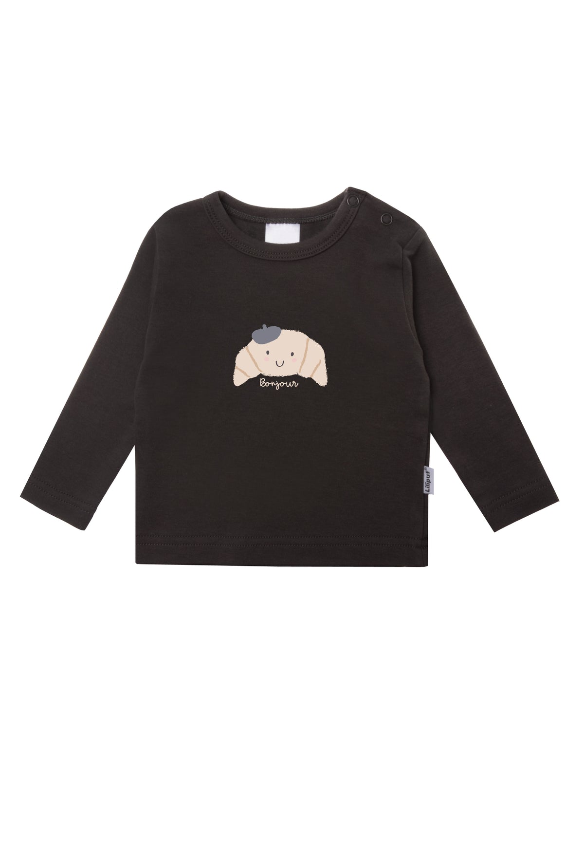 Langarmshirt in anthrazit mit Croissant Print und Wording Bonjour.