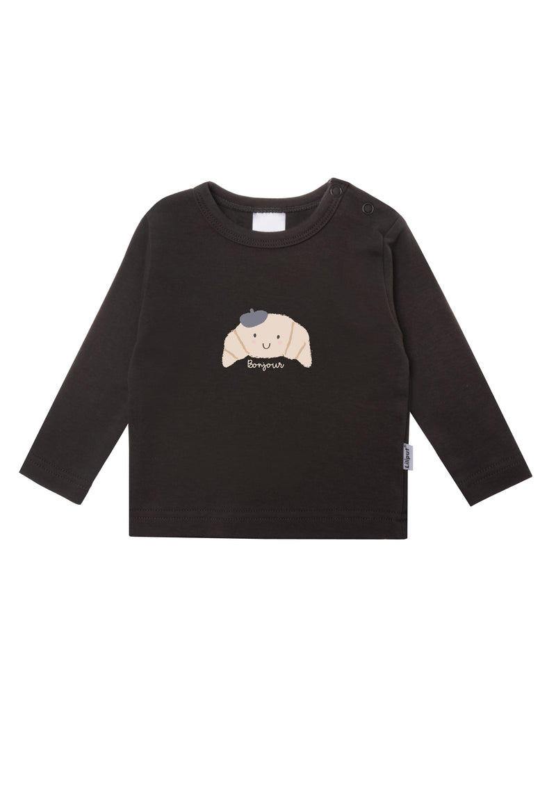 Langarmshirt in anthrazit mit Croissant Print und Wording Bonjour.