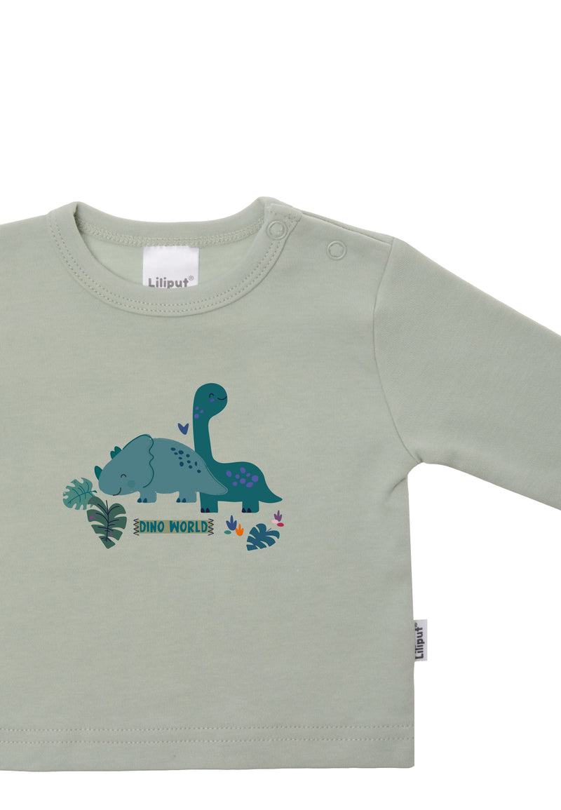 Detailansicht des Shirts in schilf mit Aufdruck.