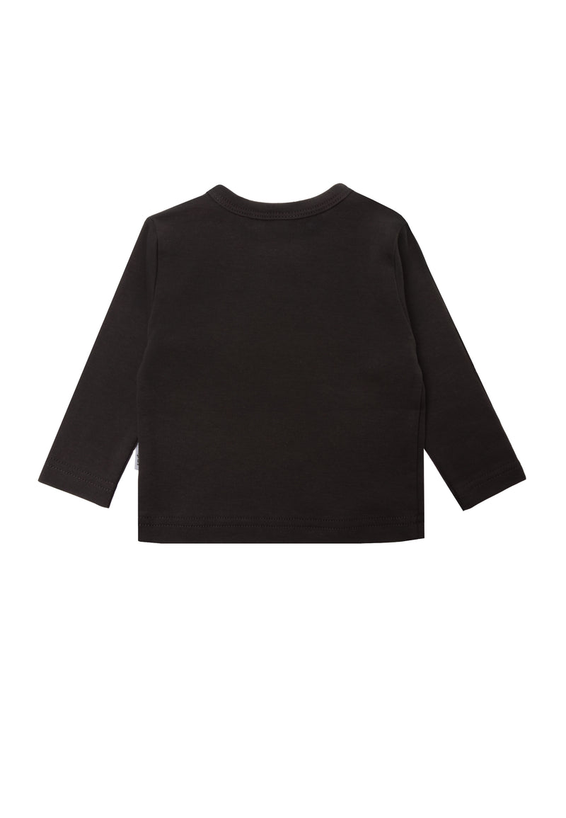 Schlichte Rückseite des dunkelgrauen Langarmshirts.