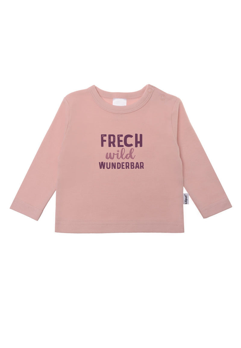 Langarmshirt in rosè mit Wording "frech, wild, wunderbar" für kleine freche Lieblingsmenschen.
