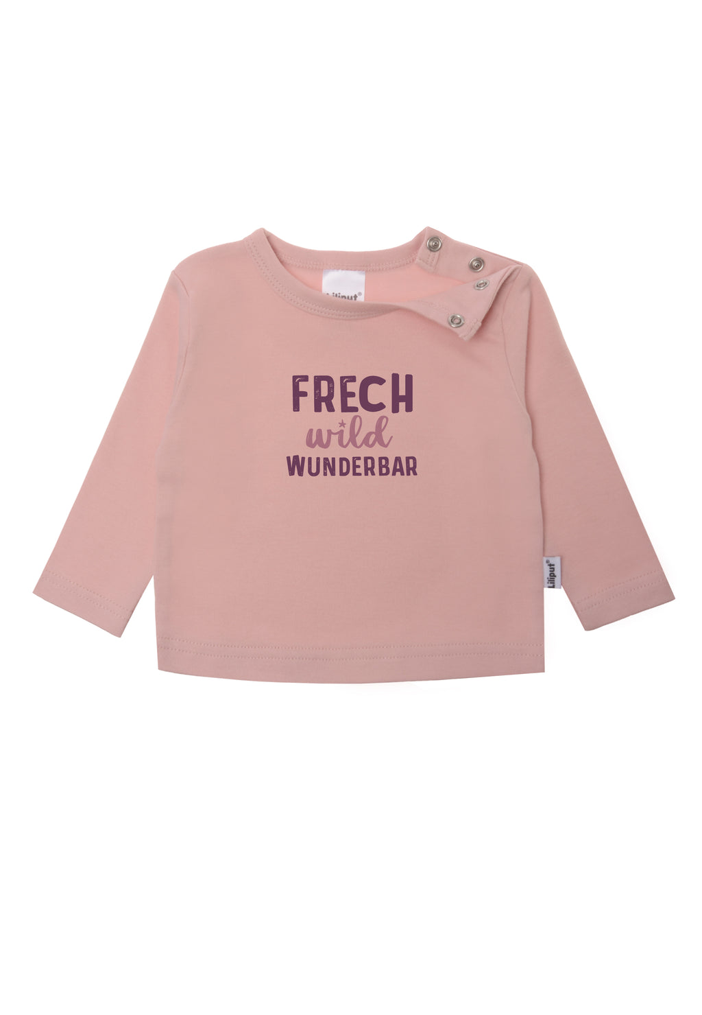 Langarmshirt in rosè mit Wording "frech, wild, wunderbar" für kleine freche Lieblingsmenschen.