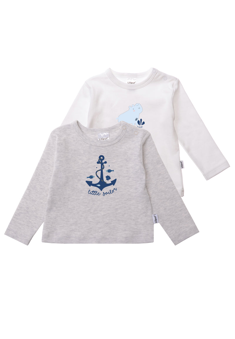 Doppelpack Langarmshirts in grau melange und weiß mit Print Anker "little sailor" und kleinem Nilpferd.