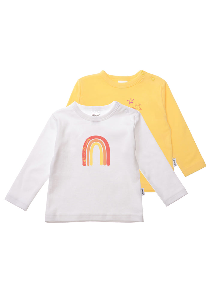 Doppelpack Langarmshirts in weiß und gelb mit den Prints "Regenbogen" und "little wild thing".