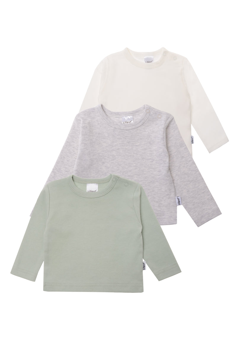 3er Pack Langarmshirts für Babys und Kleinkinder in den Farben schilf, ecru und grau melange.