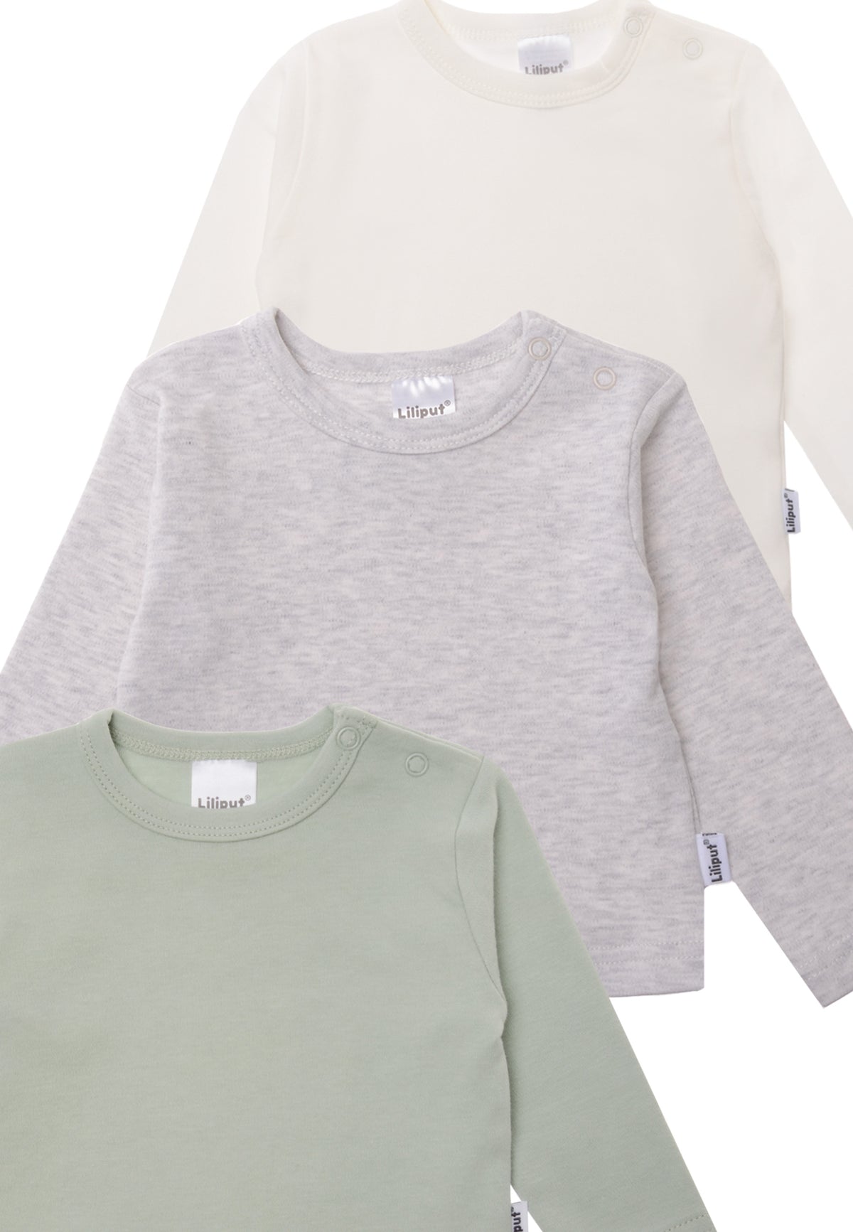 Detailansicht des 3er Pack Langarmshirts in schilf, grau-melange und ecru.