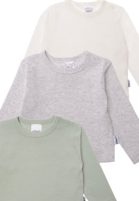Detailansicht des 3er Pack Langarmshirts in schilf, grau-melange und ecru.