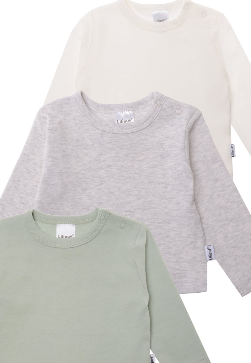 Detailansicht des 3er Pack Langarmshirts in schilf, grau-melange und ecru.