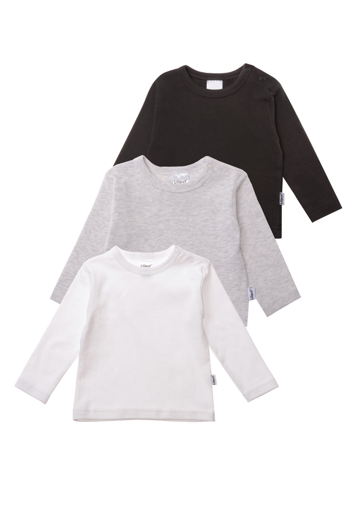 3er Pack Langarmshirts in weiß, grau und anthrazit.
