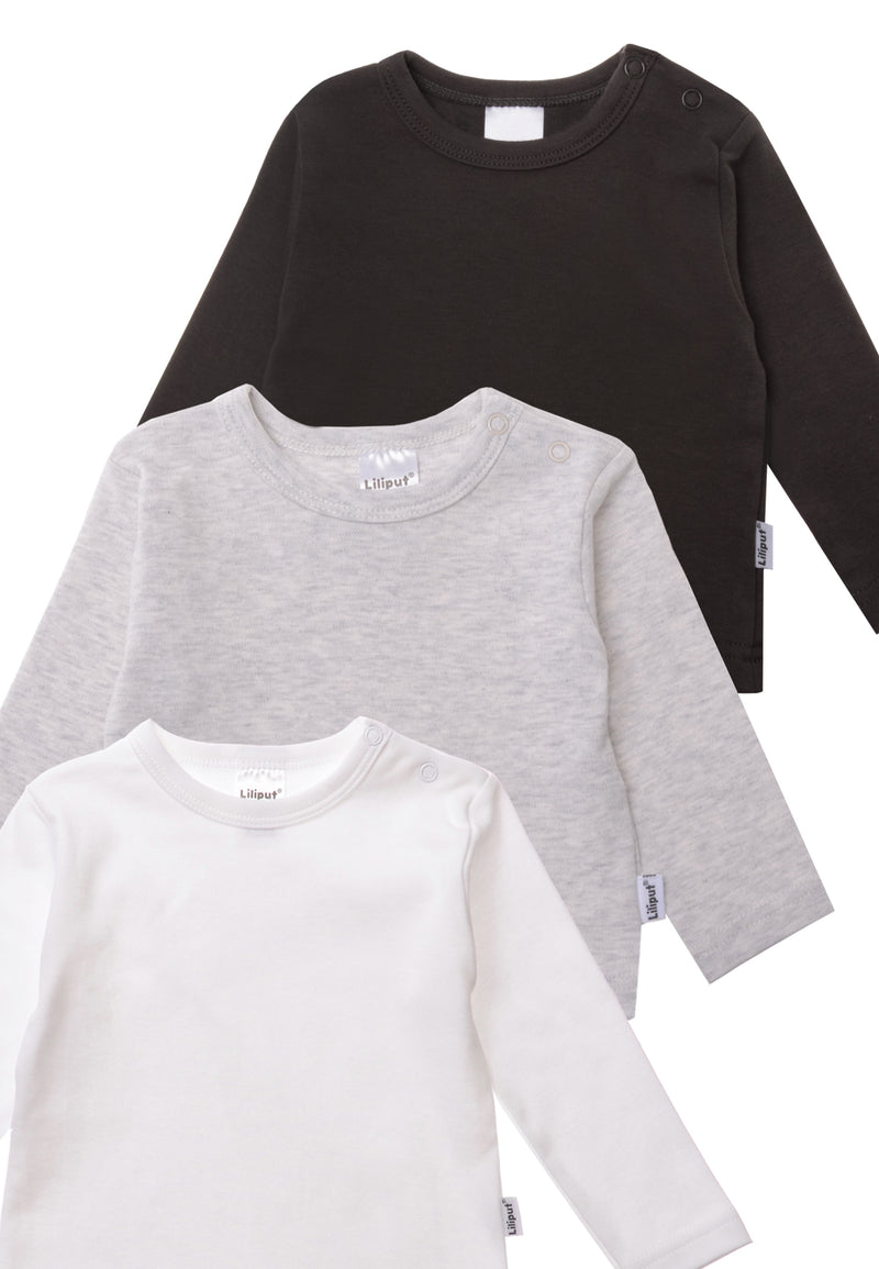 Detailansicht des 3er-Packs Langarmshirts in anthrazit, grau melange und weiß.