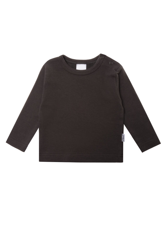 Langarmshirt in anthrazit mit Druckknöpfen auf der Schulter.