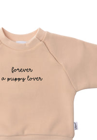 Detailfoto beiges Sweatshirt mit Ribbündchen und coolem Aufdruck