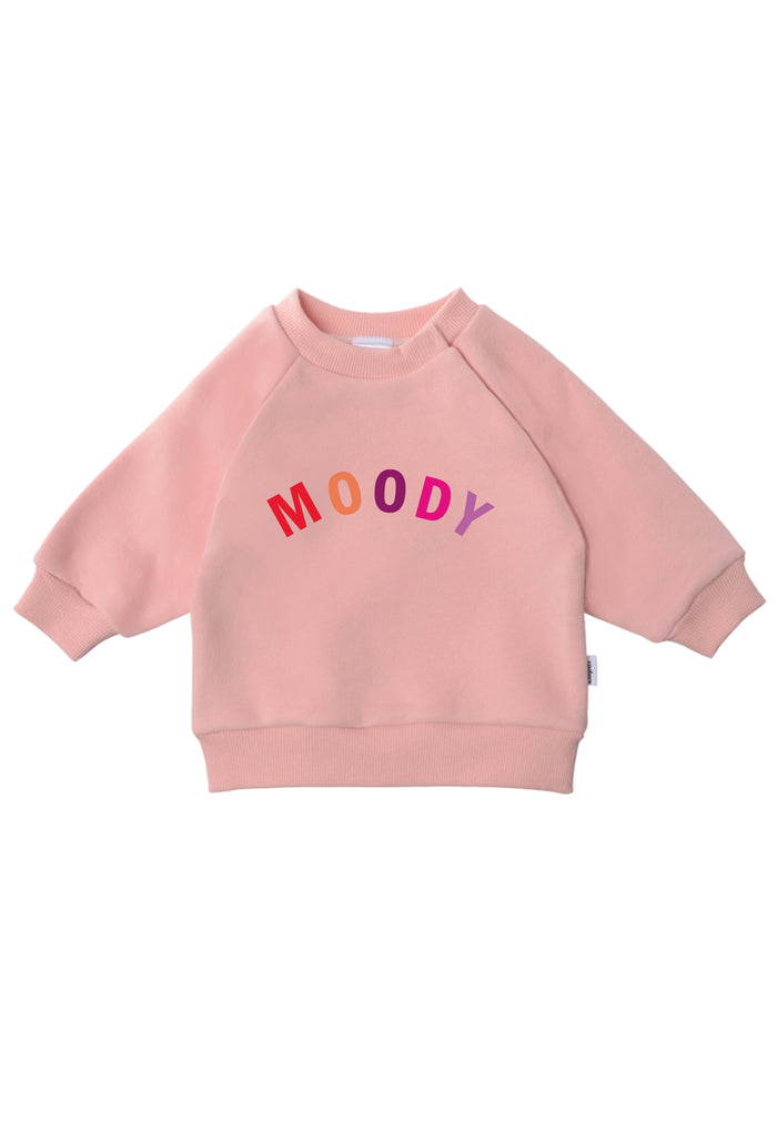 Sweatshirt in rosa mit buntem Wording "MOODY"