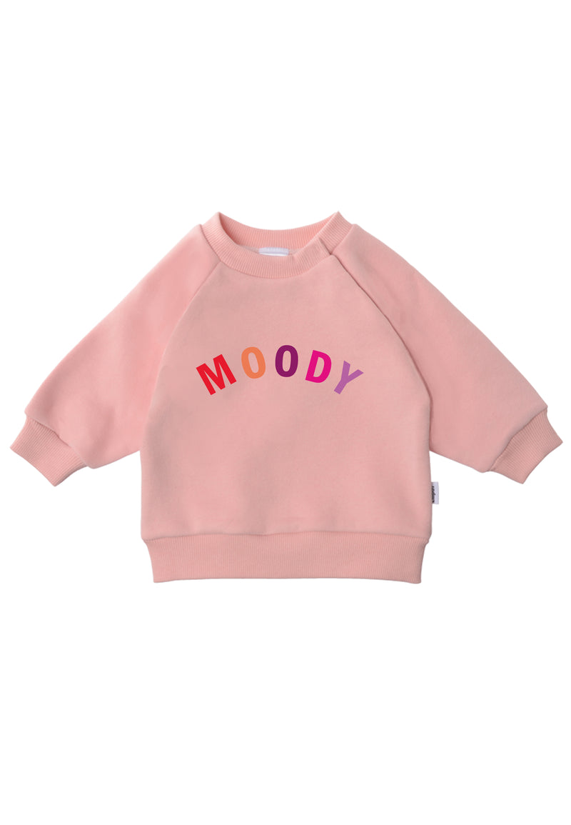 Sweatshirt in rosa mit buntem Wording "MOODY"