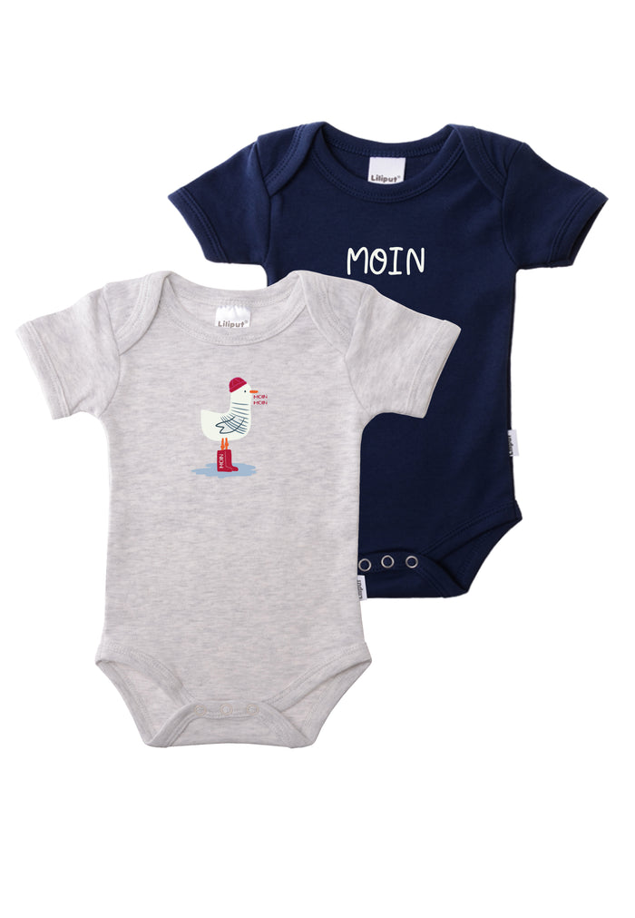 Doppelpack Kurzarmbodies in marine und grau mit Prints.
