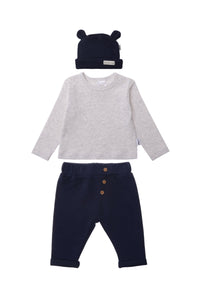 3-teiliges Ribstrick Set bestehend aus Mütze mit Ohren, Langarmshirt aus Interlock/Baumwolle und einer lässigen Hose in marine.