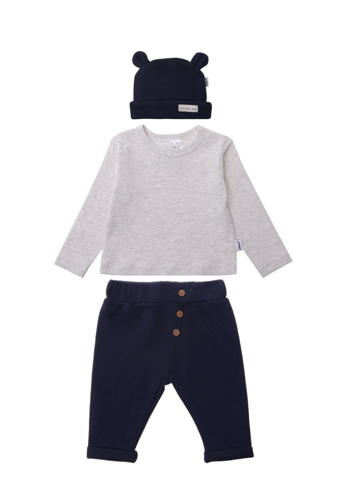 3-teiliges Ribstrick Set bestehend aus Mütze mit Ohren, Langarmshirt aus Interlock/Baumwolle und einer lässigen Hose in marine.