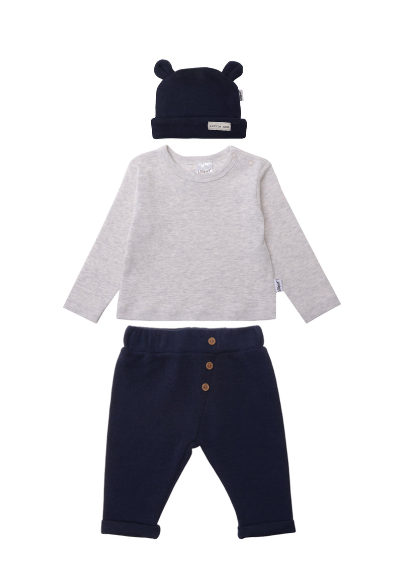 3-teiliges Ribstrick Set bestehend aus Mütze mit Ohren, Langarmshirt aus Interlock/Baumwolle und einer lässigen Hose in marine.