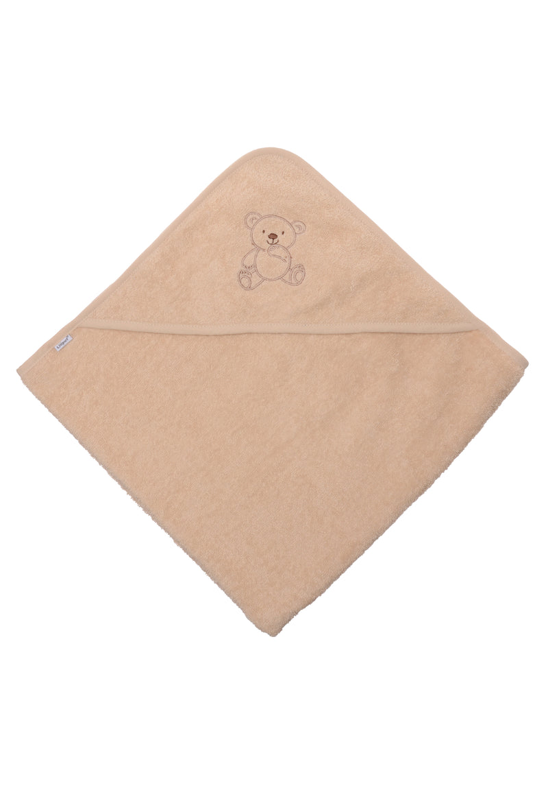 Kapuzenbadetuch in beige mit Bärchen Stickerei
