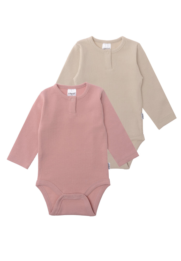 Doppelpack Langarmbodies in Rippenqualität in den Farben rosè und beige.