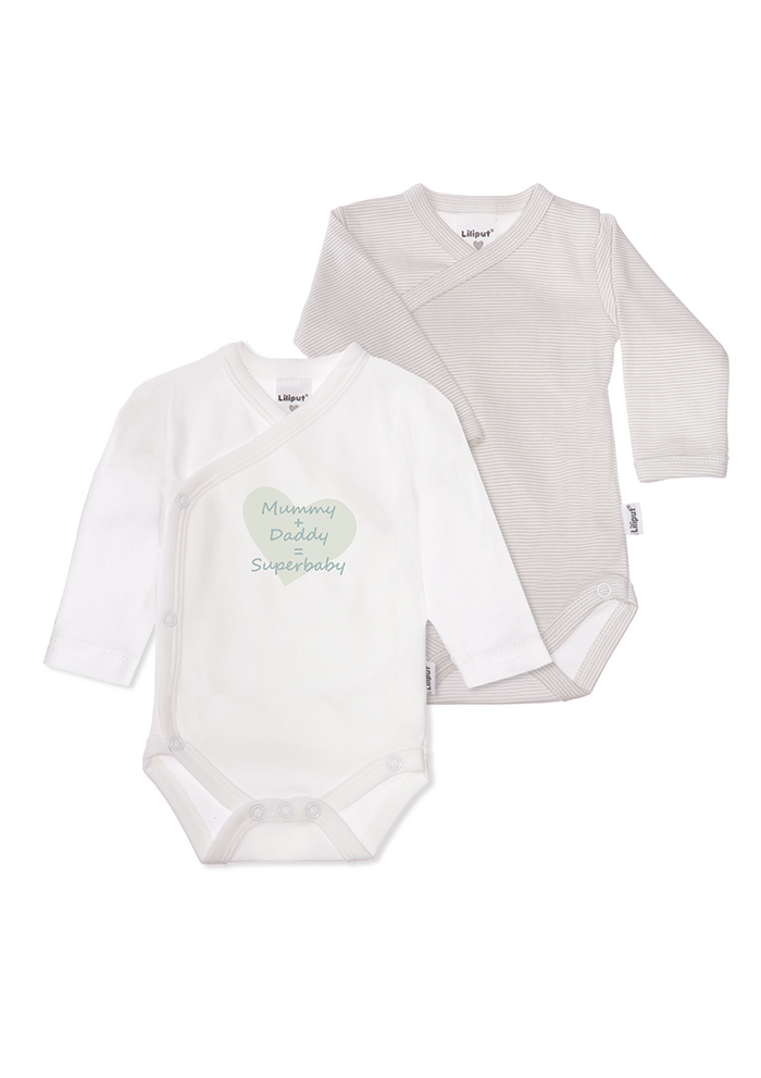2er-Pack Langarm-Wickelbodys in gestreift und mit "Superbaby"