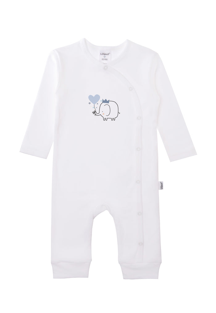 weißer Overall aus Bio Baumwolle mit niedlichem Elefanten Print und schräger Druckknopfleiste für ein einfaches An- und Ausziehen.