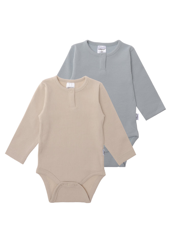 Doppelpack Langarmrippenbodies in blau und beige.