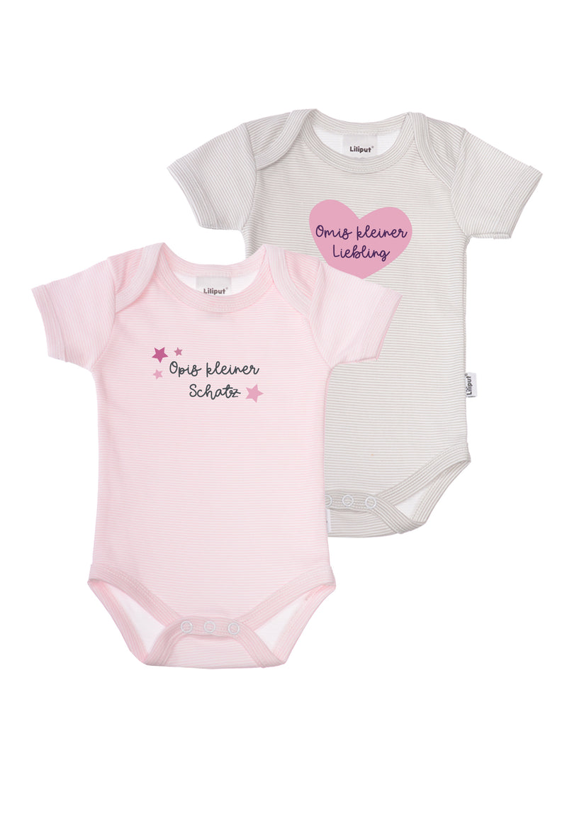 Doppelpack Amineckbodies mit kurzem Arm in rosa und grau gestreift mit süßen Prints für zukünftige Großeltern.