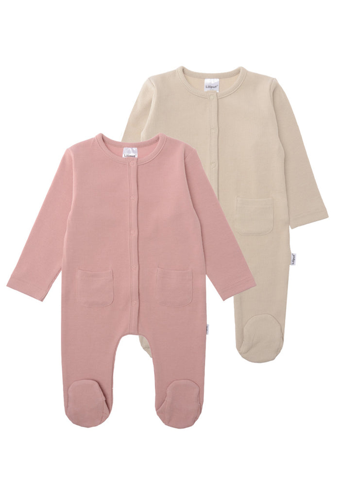 Doppelpack Overalls mit langen Ärmeln und Füßchen in den schönen Farben beige und rosè.