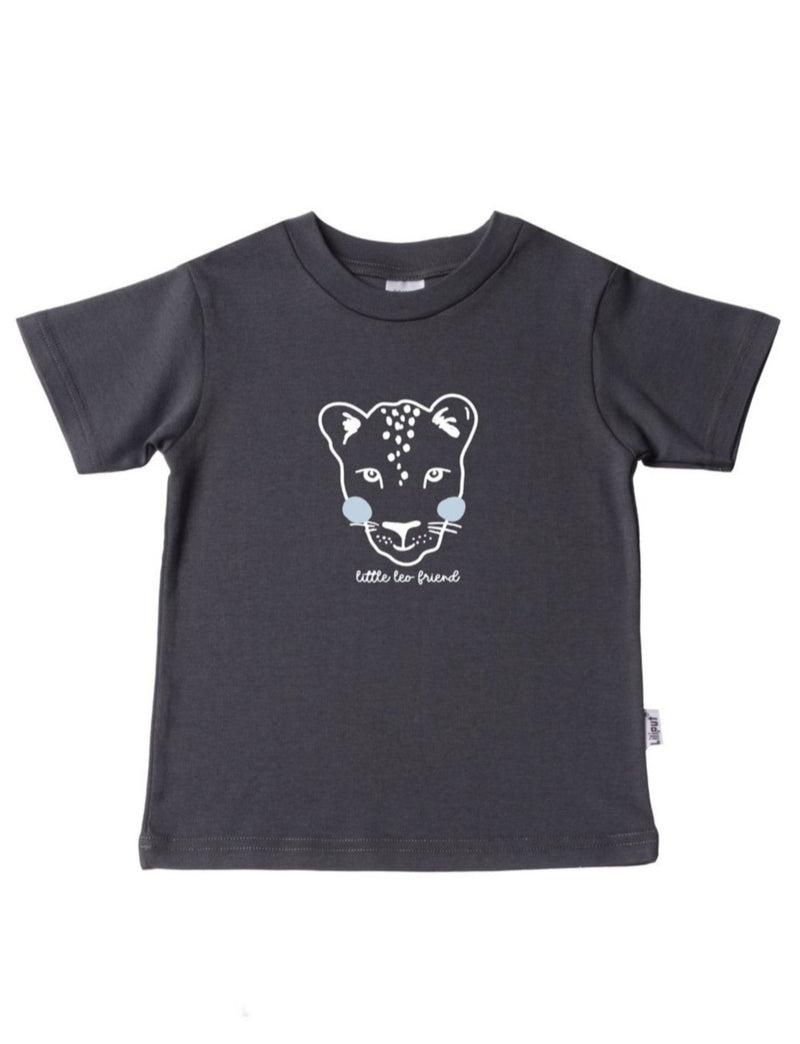Bio Baumwoll T-Shirt in anthrazit mit Leoparden Kopf als Aufdruck