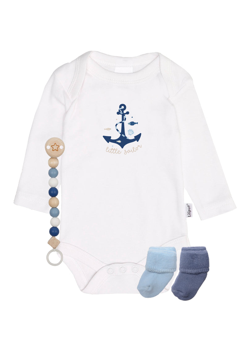 4-teiliges Set mit Body, Söckchen und Schnullerkette blau