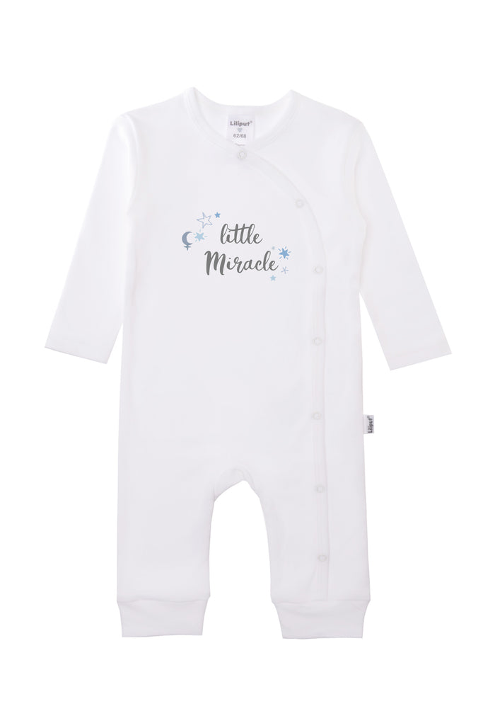 Overall in weiß aus Bio Baumwolle mit Druckknopfleiste und süßem Print "little miracle".