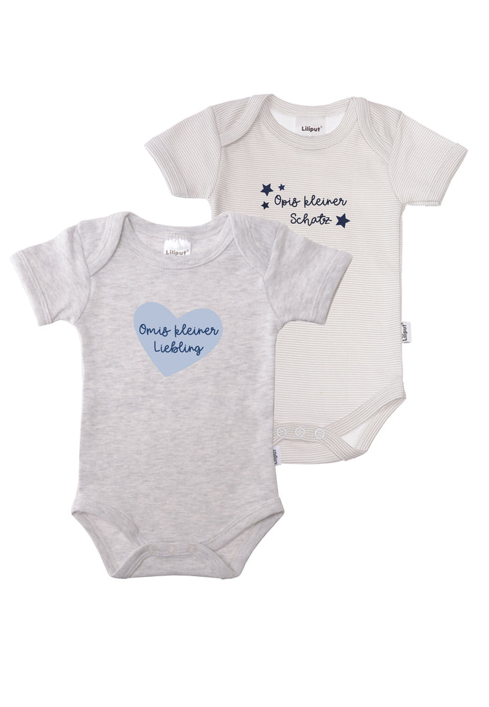 Doppelpack Kurzarmbodies in grau gestreift und grau melange mit niedlichen Frontprints.