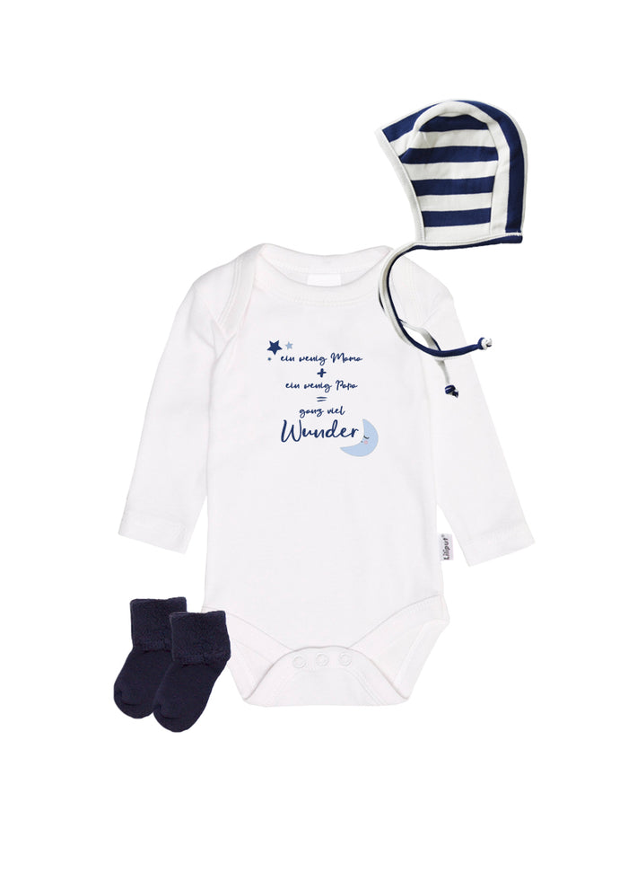 3-teiliges Set bestehend aus Langarmbody in weiß mit Print, Bindemütze und passenden Socken in marine.