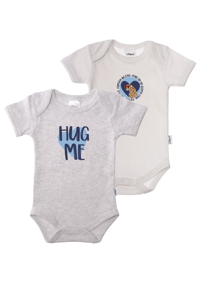 Doppelpack Amineckbodies mit kurzem Arm in grau gestreift und uni grau melange mit süßen Frontprints.