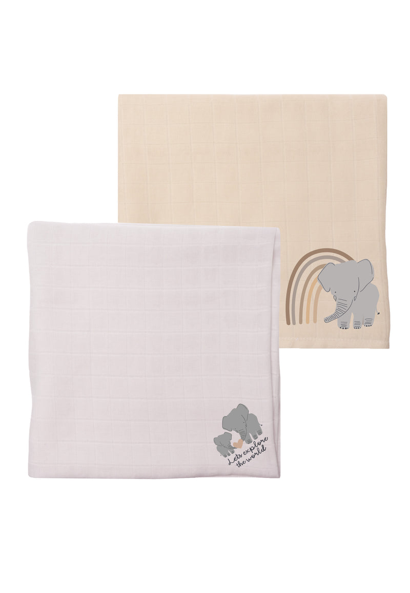 Doppelpack Premium Musselintücher in beige und grau mit Elefanten Print.