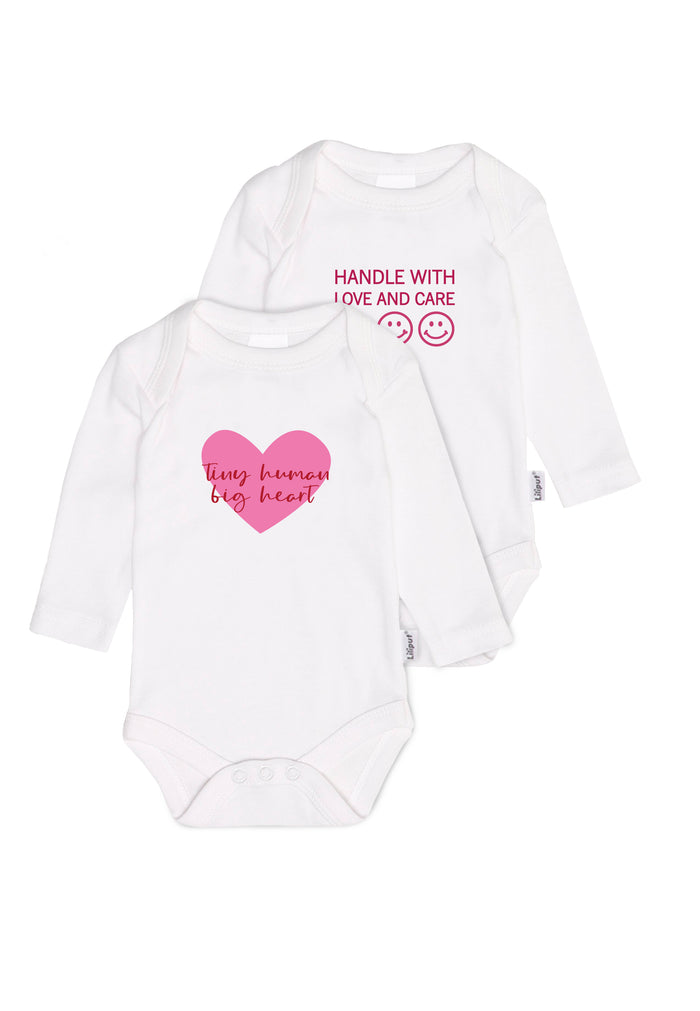 2er-Pack Langarm-Amineckbodys in weiß "tiny human big heart"