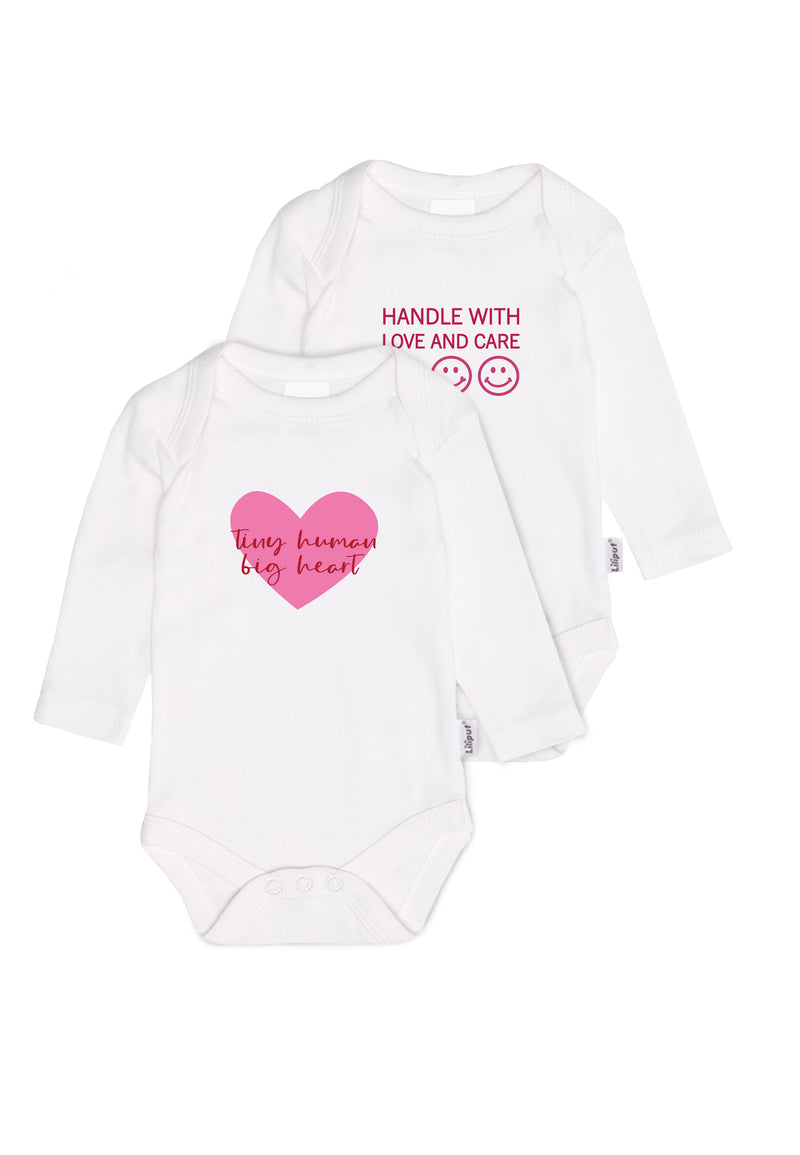 2er-Pack Langarm-Amineckbodys in weiß "tiny human big heart"