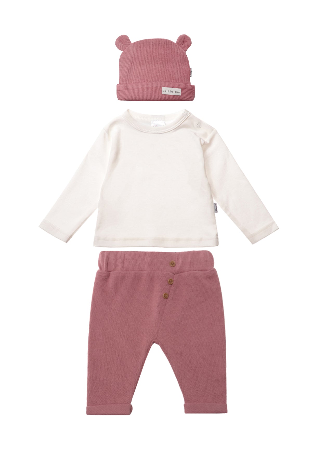 3 teiliges Set aus Ribstrick Mütze, Langarmshirt und Hose.