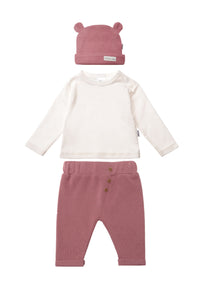 3 teiliges Set aus Ribstrick Mütze, Langarmshirt und Hose.