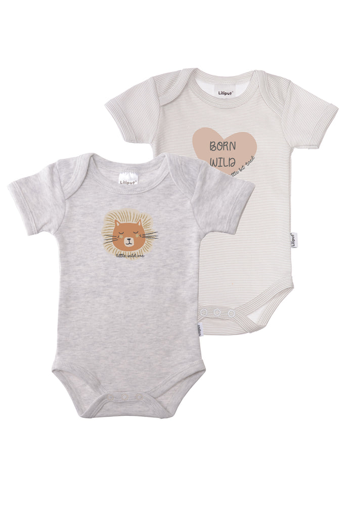 Doppelpack Kurzarmbodies in grau gestreift und grau melange mit niedlichen Frontprints.