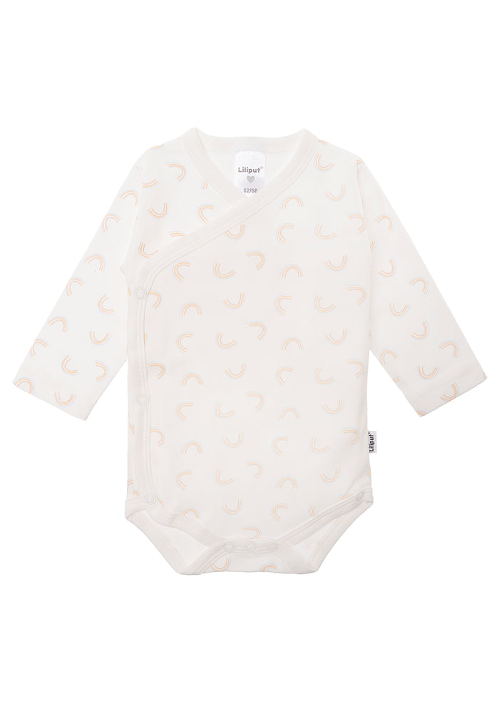 Wickelbody in ecru mit langem Arm und niedlichem Regenbogen Alloverprint.