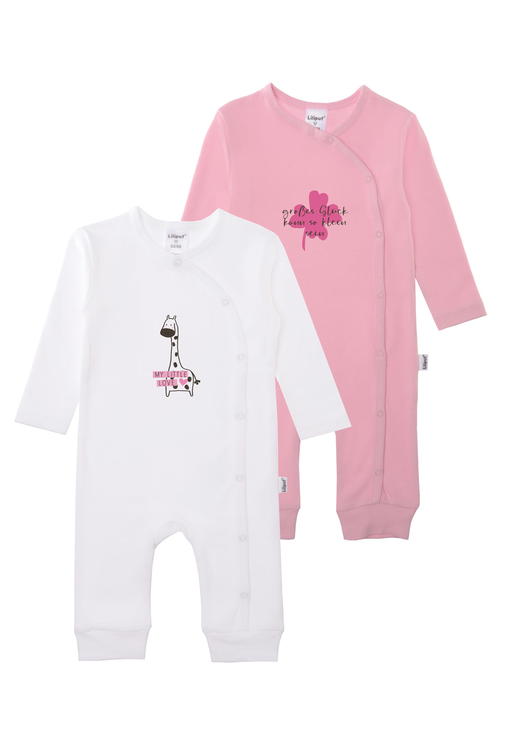 Doppelpack Overalls in weiß und rosa mit Giraffen Print und Wording "Glück kann so klein sein".
