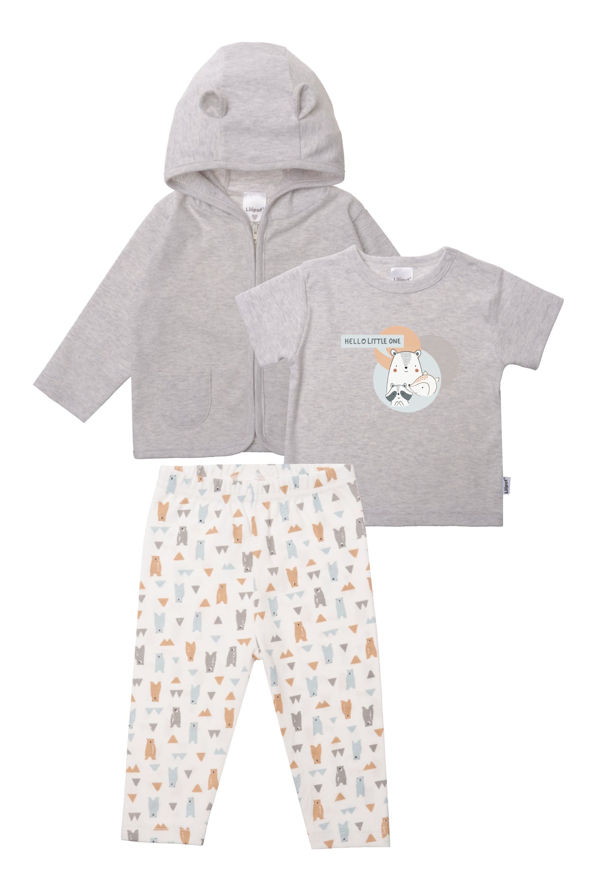 3-teiliges Set aus Zipper Jacke mit Bärchen Ohren, einem passenden T-shirt mit Tier Aufdruck und einer Leggings mit Bären Print