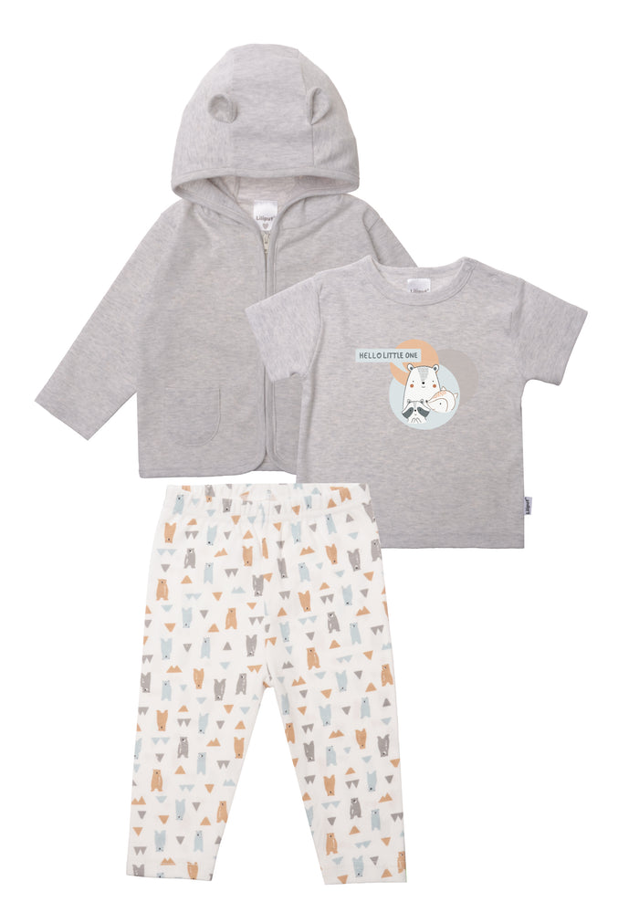 3-teiliges Set aus Zipper Jacke mit Bärchen Ohren, einem passenden T-shirt mit Tier Aufdruck und einer Leggings mit Bären Print
