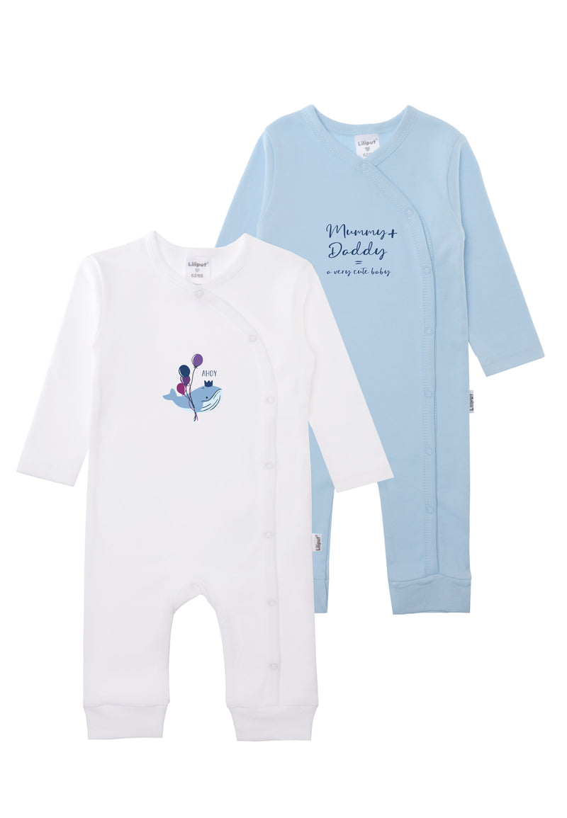 Doppelpack Overalls in weiß und hellblau mit Prints aus Bio Baumwolle.