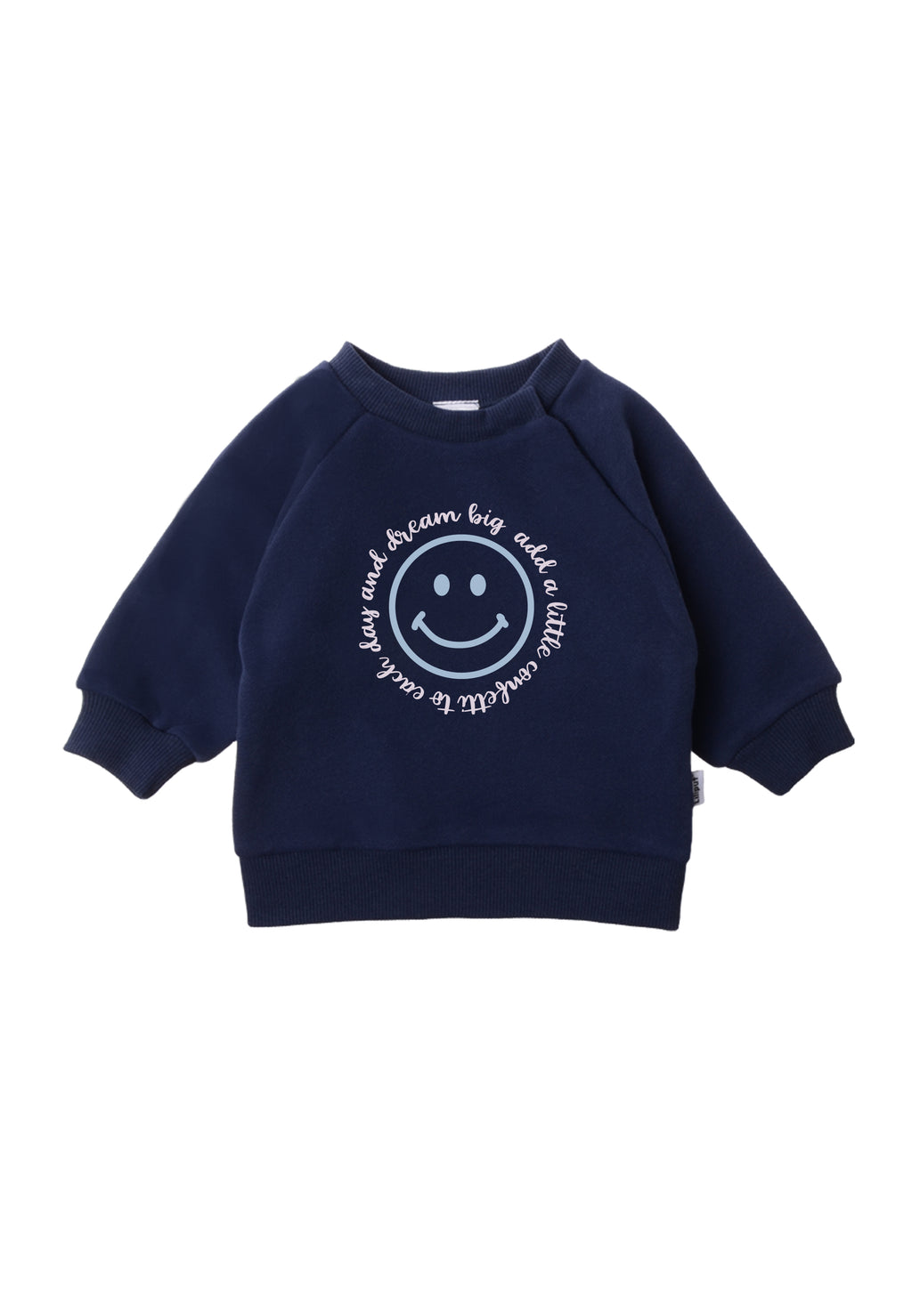 Sweatshirt in blau mit Smiley Print und Wording "add a little confetti to each day and dream big"